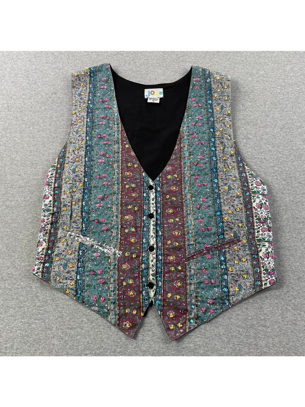 Vintage JOJO Beaded Patchwork Floral Vest Womens M Artsy Boho Cottagecore Hippie